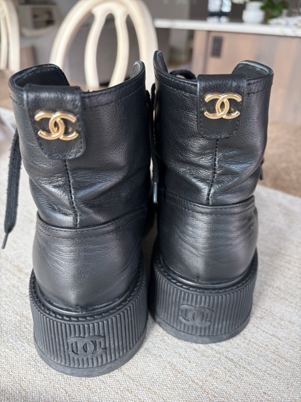 CHANEL Black Leather Lace-Up Platform Boots with Gold Hardware - Picture 5 of 8